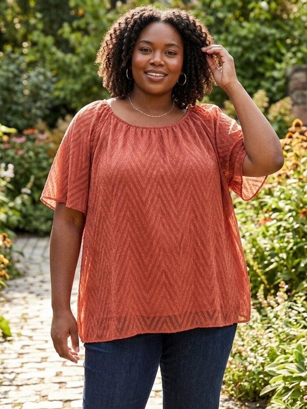 LC Lauren Conrad Womens Plus Size 3X Terracotta Textured Chevron Tie-Back Blouse